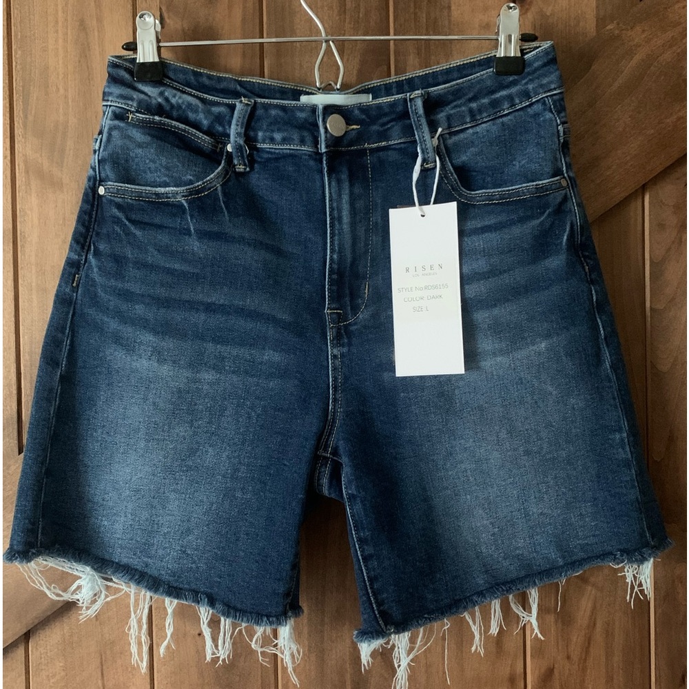 Risen High-Waist Dark Blue Denim Shorts - Women's